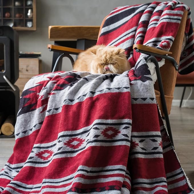 Aztec Patterned Throw Blanket with Soft Sherpa Lining, Traditional Southwestern Navajo Tribal Style Warm Throw for Camping, Outdoor, Light Weight Cozy Boho Blanket for Couch, Sofa, Bed, 60”x80”, Red
