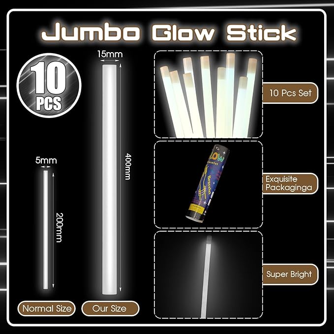 Lewtemi 10 Pcs Large Glow Sticks Big Giant Jumbo Halloween Christmas Emergency Light Stick for Camping Accessories, Survival Kit