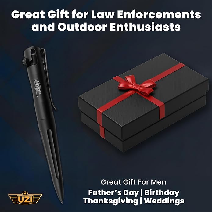 UZI Tactical (UZI-TACPEN2-BK) Aircraft Aluminum Multitool Pen | Self Survival Gear, Window Breaker, Real Ballpoint, Military and Police EDC Pen | Great Gift for Men | Unique Pens | Black