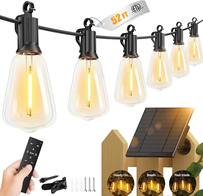 Brightown 52FT Solar String Lights Outdoor Waterproof with Remote, 15+1 LED Shatterproof Bulbs, Dimmable & Timable, 3 Light Modes - Commercial Grade Patio Lights for Garden Backyard Party Decor