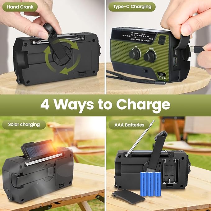 4000mAh/14800mWh Emergency Radio, Solar Hand Crank Emergency Radio - NOAA Weather Radio with AM/FM/NOAA Weather Alert, Reading Lamp, Flashlight, Cell Phone Charger and SOS Siren (Army Green)