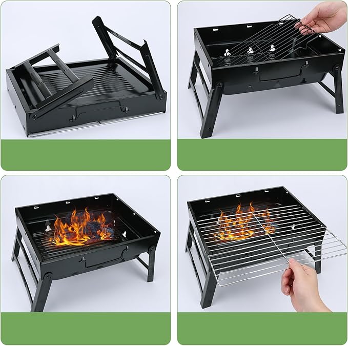 Portable Charcoal Grill for Camping Tailgating Beach Boating Foldable Small Barbeque Grill for Outdoors Lightweight Tabletop BBQ Grill Set with Tongs Gloves Scrubber (14''x10'')