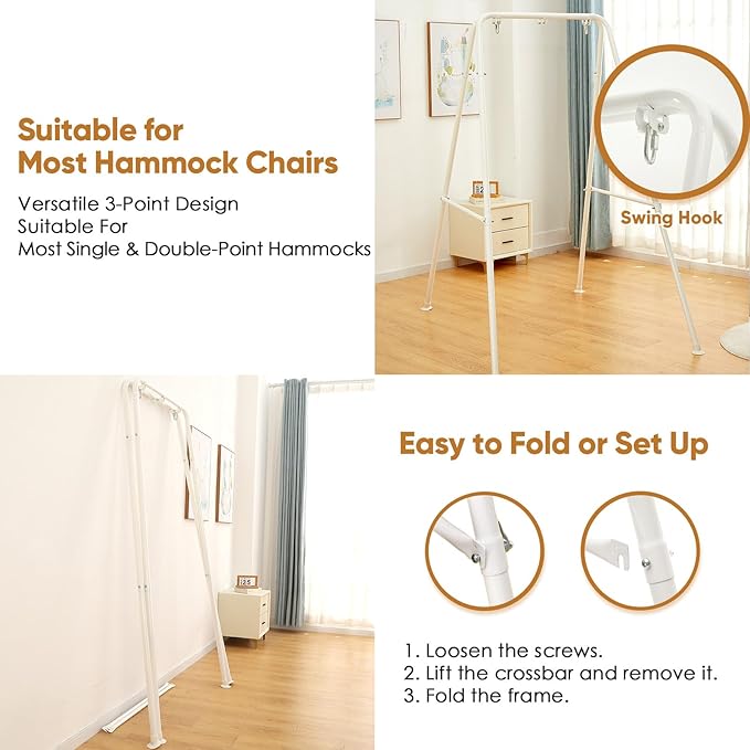 Foldable Hammock Stand, Portable Chair Stand, Heavy Duty Folding Frame for Indoor or Outdoor, 300 lbs Capacity, Easy to Assemble & Store (Chair Not Included) - White
