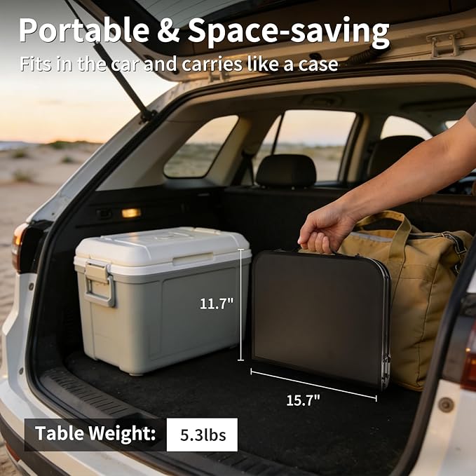2FT Small Camping Portable Table, Black Aluminum Frame, Adjustable Height up to 21", Lightweight Carry Handle, Portable for Travel, Camping Outdoor Use