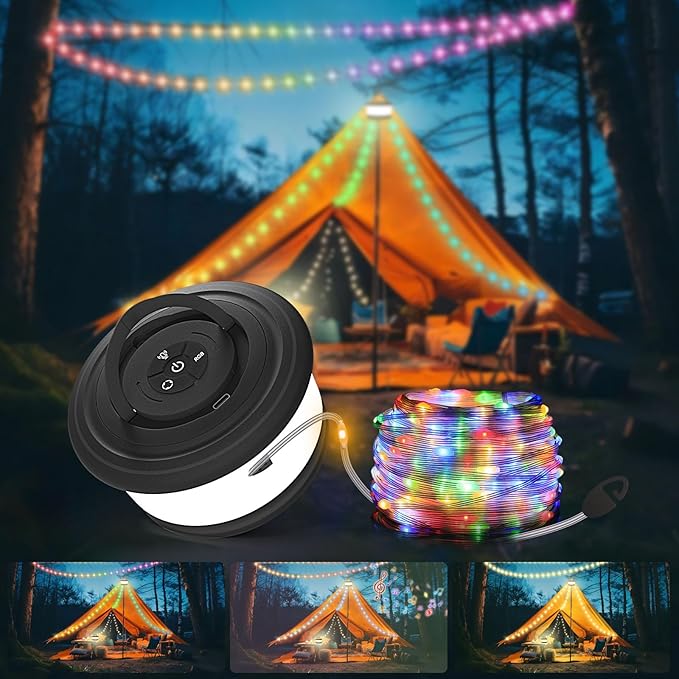 TOHETO Camping String Lights, 3 in 1 Upgraded Retractable RGB Outdoor String Lights with 19 Lighting Modes, Quick 30s Recovery, 32.8 FT Portable Tent Lights, Rechargeable Camping Lantern (Black)
