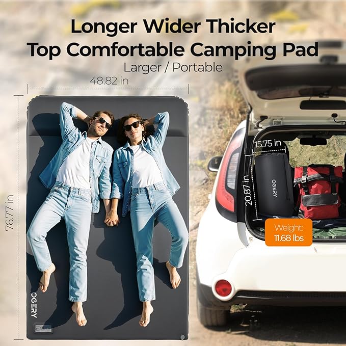 OGERY Self Inflating Sleeping Pad with Electric Pump, 3.15" Ultra-Thick Memory Foam Camping Pad, 4 Season Camping Mattress Pad with Built-in Pillow, Camping Essentials Gear for Tent Travel Car Double