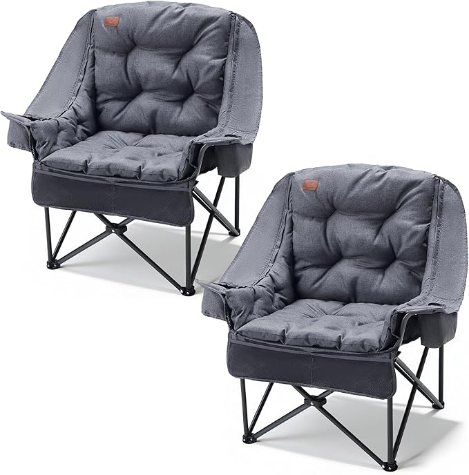 EVER ADVANCED 2 Set Camping Chair with Detachable Cushion, Mesh Chair for Adults Foldable, Oversized Heavy Duty Folding Chair with Cooler Mesh Pocket Cupholder Outdoor Fishing, Supports 400LBS Grey