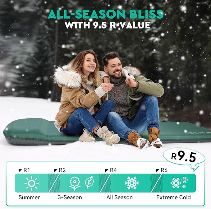 Hikenture Self Inflating Sleeping Pad for Camping, 3'' Ultra Thick Camping Pad with Pillow, 9.5 R-Value Insulated Camping Mattress, 4-Season Inflatable Foam Camping Mat for Car, Tent, Cot