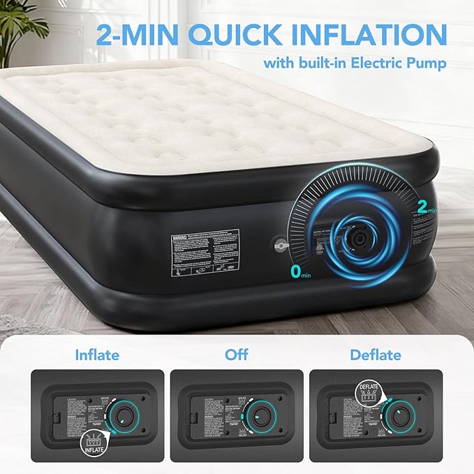Twin Air Mattress with Built-in Pump, 18” High Inflatable Mattress with Storage Bag, 2 Mins Easy Inflation/Deflation Blow up Mattress, Flocked Top Inflatable Bed for Camping, Adults & Guests