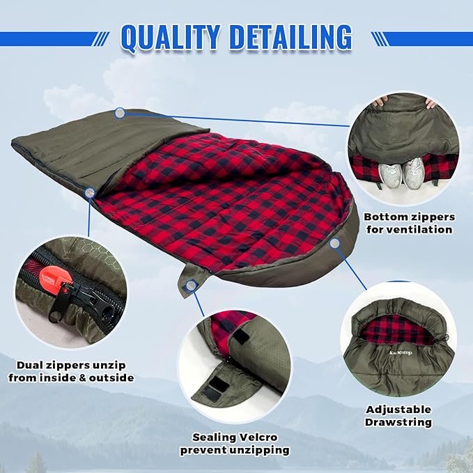 Keencamp 0 Degree Sleeping Bag Cotton Flannel Winter Cold Weather for Adults XXL Sleeping Bag 4 Season Big and Tall with Pillow Compression Sack