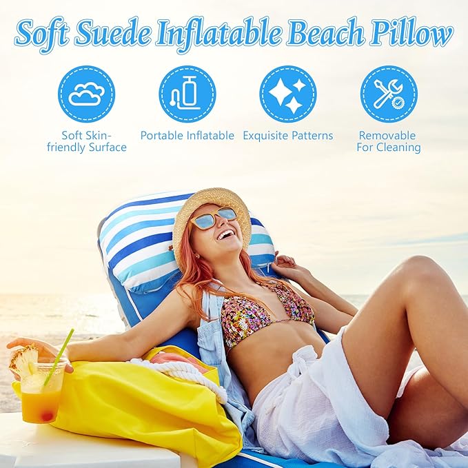 Yaomiao Inflatable Beach Pillow 17"x10" with Removable Cover, Beach Chair Stripe Backpacking Pillow with Strap for Summer Sand Pools Travel Vacations Pools Camping