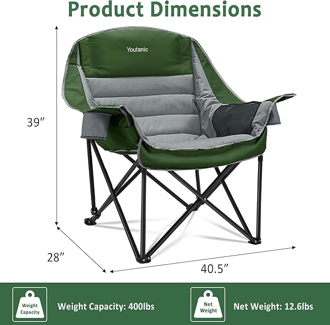 Youtanic Oversized Camping Chair, Portable Folding Camping Chairs with Side Pocket, Cup Holder and Carry Bag, Heavy Duty Outdoor Camping Chairs for Adults, Fishing, Sports, Trip, up to 400lbs, Style 7