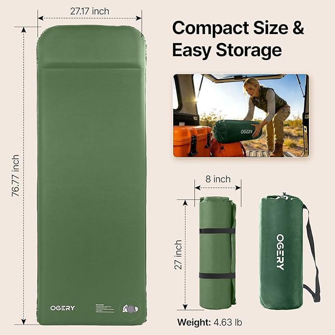 OGERY Upgraded Self-Inflating Sleeping Pad with Built-in Foot Pump & Washable Cover, 3" Memory Camping Mattress Pad, Quiet & 9.5 R-Value Insulated Sleeping Mat for Car Tent Camping