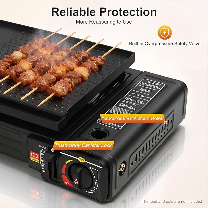 Portable Camping Stove｜24,000 BTU Dual Burner Gas Grill w/Removable Case｜Compact 24.8" Outdoor Cooker for RV Tailgating｜Stainless Steel 2-Burner Butane & LPG Stove (w/Grill Tray)