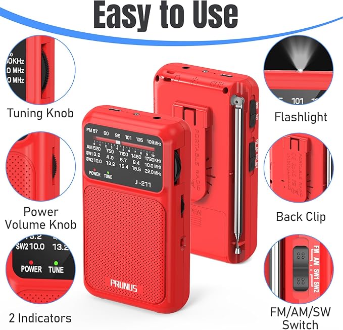 PRUNUS J-211 Portable Radio AM FM with USB Charging and AA Battery Operated, Transistor Radio, Strong Reception& Clear Speaker, Headphone Jack, Back Clip, Lanyard, Small radios Portable AM FM