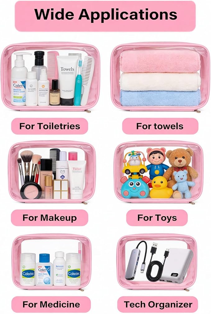 Travel Clear Makeup Bag Set for Women, 3 Pack Travel Size Toiletry Bag with Zipper Small Makeup Pouch for Purse Waterproof Portable Cosmetic Case Compact Car Organizer Storage Bag (Pink Set)