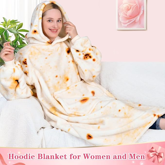 Waitu Wearable Blanket Sweatshirt Gifts for Women and Men, Warm and Cozy Giant Blanket Hoodie, Thick Flannel Blanket with Sleeves and Giant Pocket - Burritos