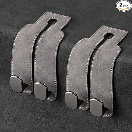 2 Pack Car Headrest Hooks - Premium Leather Seat Holder for Purses and Bags (Grey)