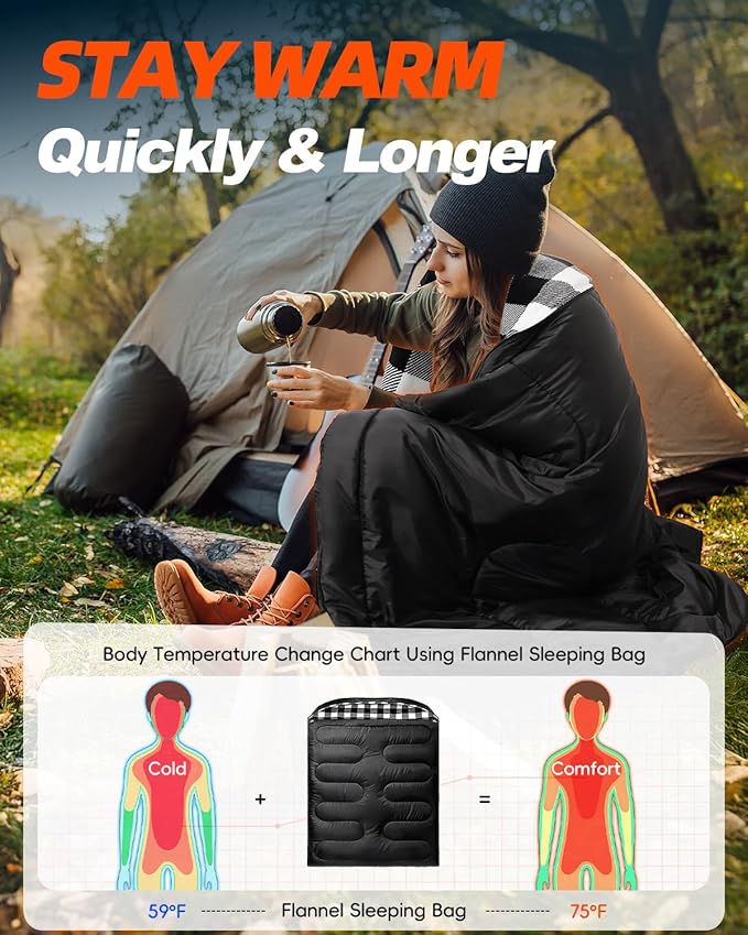 MEREZA Flannel Double Sleeping Bag for Adults Cold Weather, XL Queen Size Sleeping Bag for All Season 2 Person Big and Tall Sleeping Bags for Camping 0 Degree with Pillow