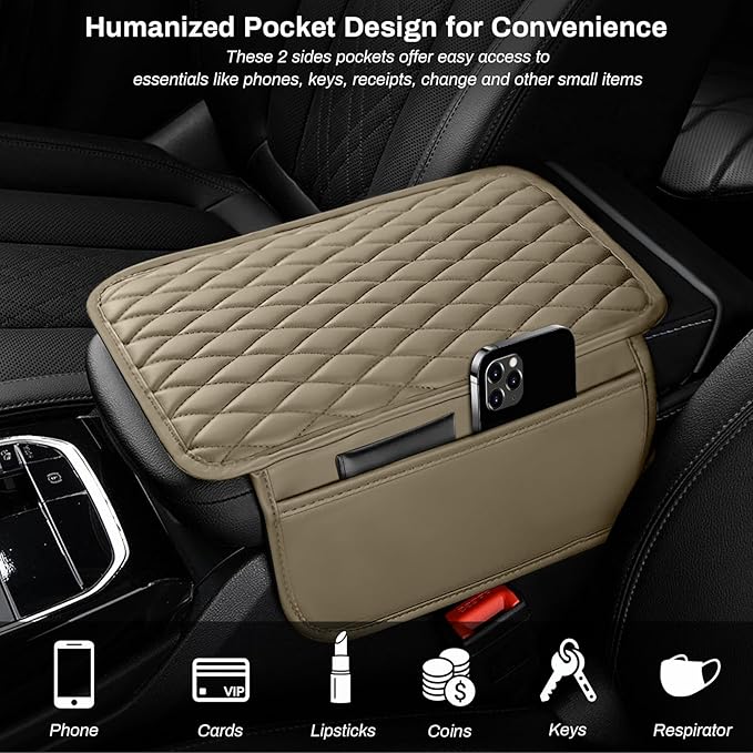 Car Center Console Cover, Upgraded Microfiber Leather Car Arm Rest Cover with 2 Storage Bags, Universal Armrest Cover for Car Storage Box Car Interior Accessories Protector for Most Vehicle-Beige