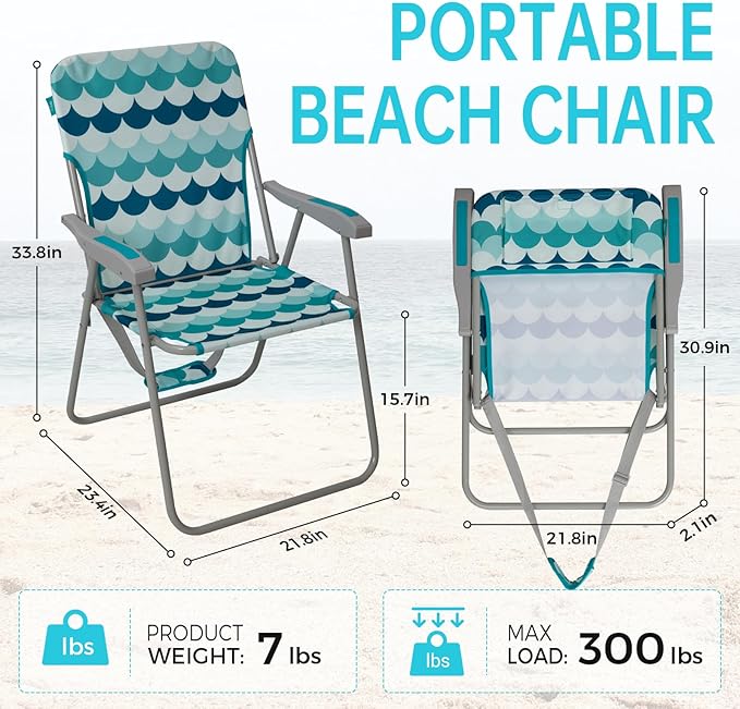 #WEJOY Folding Beach Chair for Adults, Lightweight Beach Chair with Shoulder Straps, High Back Camping Chairs with Hard Armrest, Supports 300lbs for Outdoor Lawn Concert