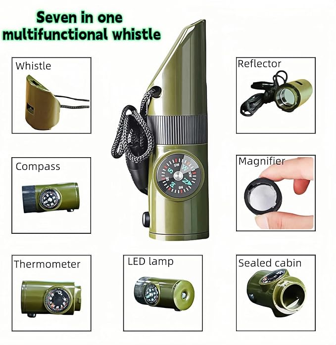 Emergency 7-in-1 Survival Whistle Kit:120dB Loud Safety Whistle with Compass,Thermometer, LED Light ,Signal Mirror & Waterproof Case for Outdoor Adventures Fire Starter for Hiking/Camping/Water Safety