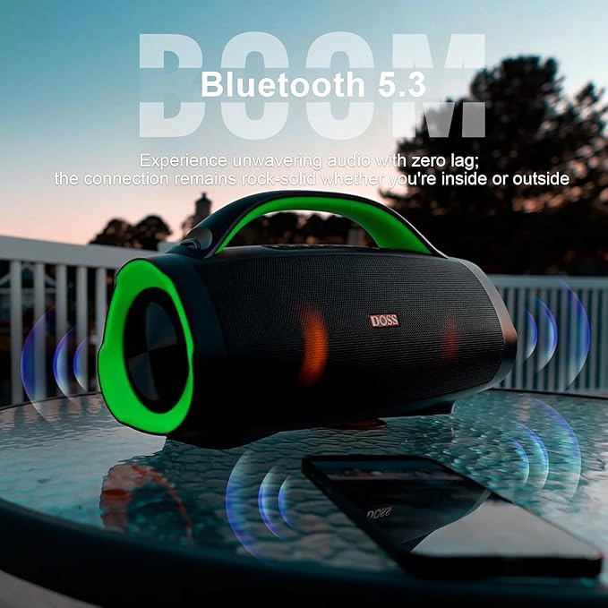 DOSS Extreme Boom Pro Loud Bluetooth Speaker with 100W Stereo Sound, Extra Bass, 20H Playtime, Party-Sync Led Lights, Built-in Power Bank, IPX6 Waterproof for Outdoor, Camping, Pool-Green