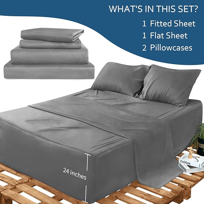 Moonsea Extra Deep Pocket Full Sheet Set - Breathable & Extra Soft - Deep Pocket Full Size Sheet Sets - Easy Fit 16in to 24in Mattress - 4 Piece Set - Grey Bed Sheets Set