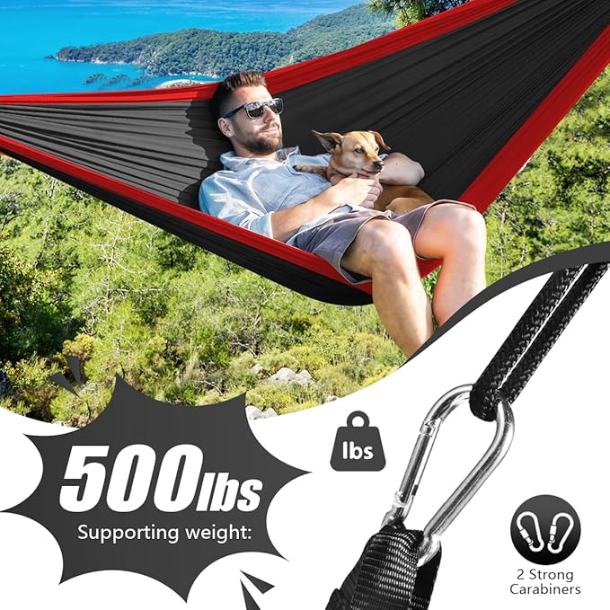 OBTANIM Camping Hammock 500lbs Portable Lightweight Single or Double Hammock with Tree Straps and Carry Bag for Camping Backpacking Hiking Travel Beach Outdoor Indoor (Red and Black)