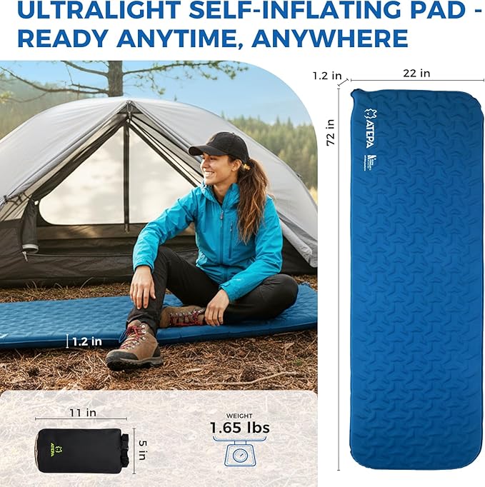 ATEPA Self-Inflating Sleeping Pad, Compact Foam Camping Pad with 3cm High-Resilience 4-Side-Compression Sponge, Lightweight & Portable Mat for Backpacking, Hiking, Camping, Blue