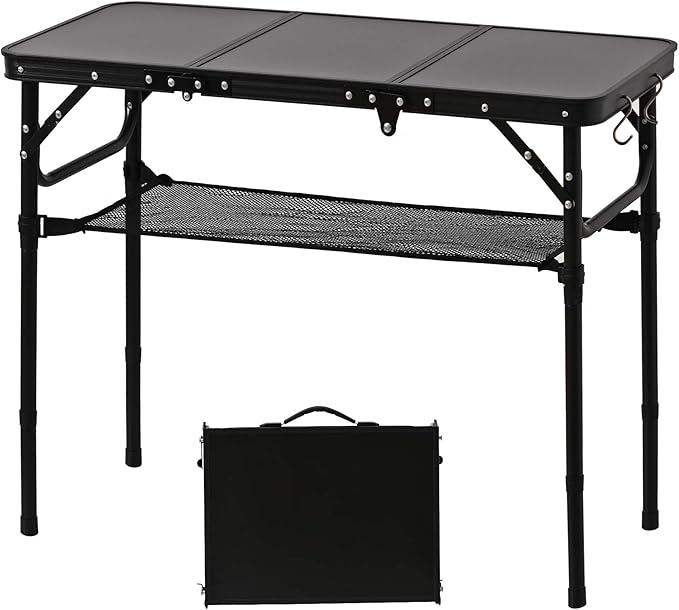 YihuiKo Folding Picnic Table with Storage Net, Matte Black Aluminum Folding Table 35" x 16", Adjustable Height Max 27.5", Lightweight Portable for Camping Travel Grill Indoor