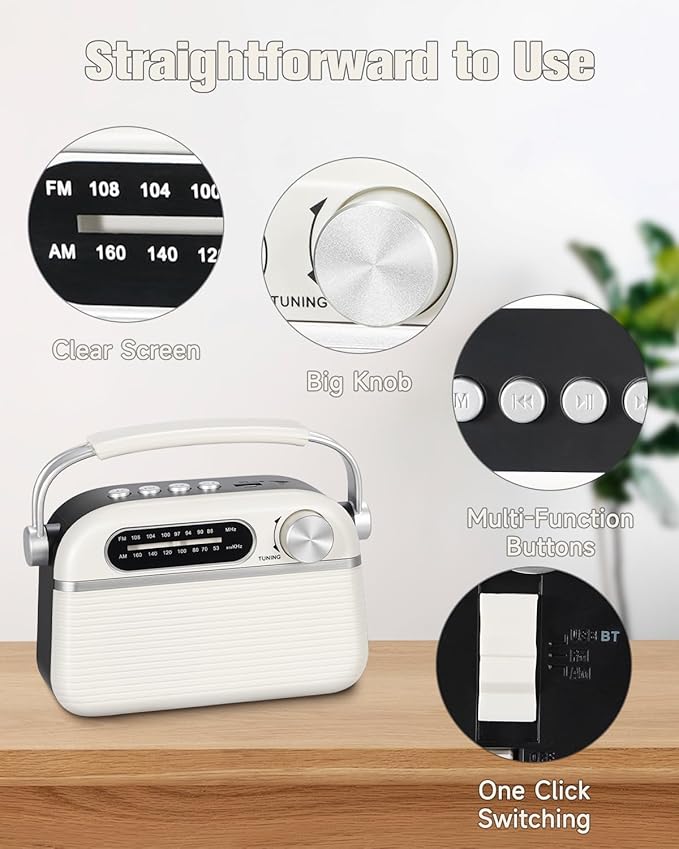 PRUNUS J-130 Radio Portable AM FM, for Dad and Mom, AC Power,Battery Operated/Rechargeable Radio for Emergency Use, Vintage Radios with Bluetooth for Outdoor/Home/Gift
