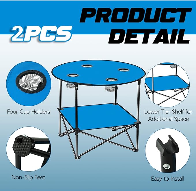 Soaoo 2 Pcs Folding Camping Table with 4 Mesh Cupholders 2 Tier Portable Folding Table Round Lightweight Fabric Compact Carrying Case Beach Table for Summer Outdoor Tailgating Fishing Hiking