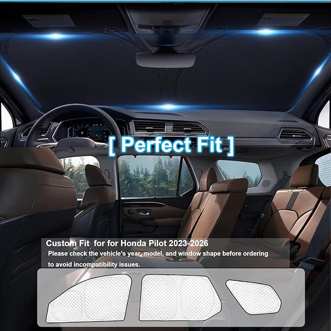 KMF 8pcs Thicken Sun Shades for Honda Pilot 2023-2026 Accessories, Full Car Window Covers for Windshield Side Rear, UV Block and Protect Privacy Blackout for Camping Outdoor
