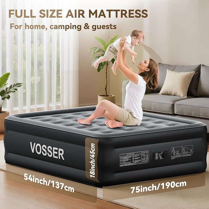 VOSSER Air Mattress Full with Built in Pump,18’’Raised Blow Up Mattress,Self Inflatable Mattress in 3 Mins,Portable Air Bed for Home,Floor&Travel,Full Size Air Mattress for Adults 660LB Max,Black