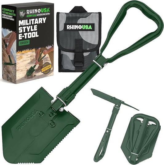 RHINO USA Folding Survival Shovel w/Pick - Heavy Duty Carbon Steel Military Style Entrenching Tool for Off Road, Camping, Gardening, Beach, Digging Dirt, Sand, Mud & Snow - Green