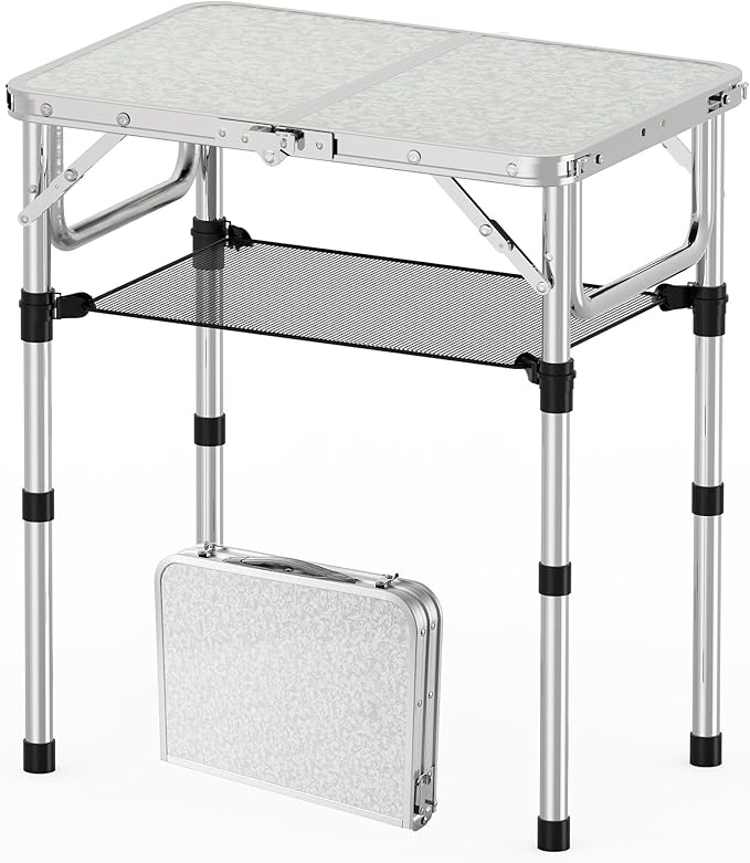 YihuiKo Folding Camping Table, Aluminum 24" x 16" Adjustable Height Max 27.5" with Carrying Handle, Lightweight, Portable Camping Table for Outdoor Indoor Picnic Beach, Silver