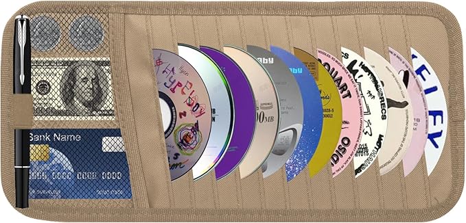Car CD & DVD Holder - Large Capacity CD Visor Case, Vehicle Visor Storage Organizer with 12 Disc Sleeves, 1 Mesh Pocket 1 Pen Holder and & Elastic Band (Khaki)
