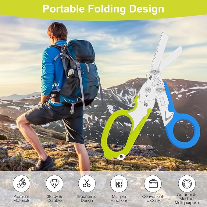 6-in-1 trauma shears - emergency responders, outdoor emergencies, medical staff, and outdoor camping, Gift box packaging with scissors storage K sheaths (blue-green)