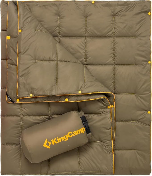 KingCamp Ultralight Camping Blanket, Packable Down Alternative Puffy Wearable Blankets Weatherproof Warm Package Quilt with Snap Buttons for Outdoor Hiking Travel Picnic Stadium (69" L x 53", Olive)
