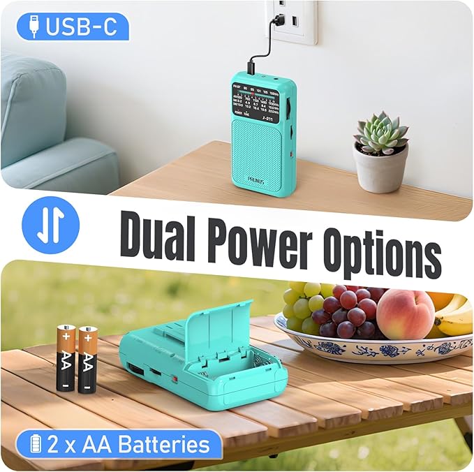 PRUNUS J-211 Portable Radio AM FM with USB Charging and AA Battery Operated, Transistor Radio, Strong Reception& Clear Speaker, Headphone Jack, Back Clip, Lanyard, Small radios Portable AM FM