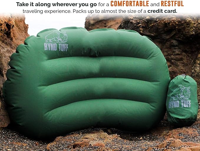 Ryno Tuff Inflatable Outdoor Camping Pillow with Knitted Fabric for Neck Lumbar Support - Insulated Inflatable Travel Pillow for Camping, Backpacking, Hiking & Traveling with A Compact Carrying Case