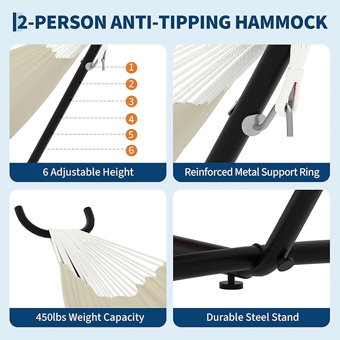 Garvee 2 Person Hammocks with Stand for Outside, Double Hammocks Portable Space Saving Heavy-Duty Steel Stand for Indoor Outdoor Patio with Carrying Bag, 450 lbs Capacity