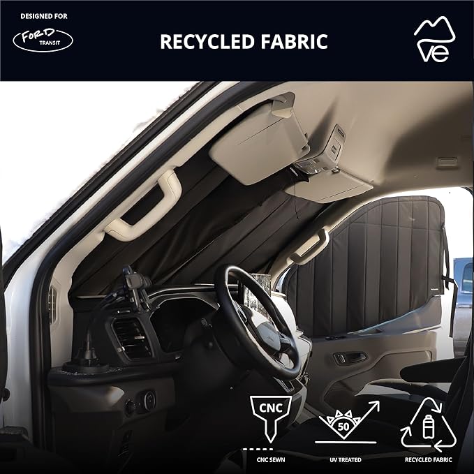 VanEssential Insulated Stealth Blackout Window Covers Designed for Ford Transit High/Medium Roof Front Door Windows (Pair) - Black