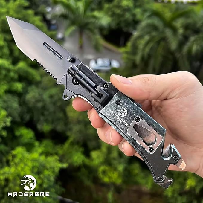 MADSABRE Multitool Pocket Knife with Clip and Case, 8-in-1 Folding Knives with Glass Breaker, Bottle Opener, Wrench, EDC Multitool Knife for Camping, Survival, Gifts for Men