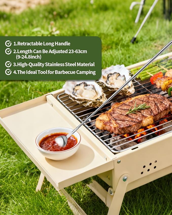 2 PCS Extendable Spoon, Telescopic Stainless Steel Spoon Set, Expandable Extension Spoon to 25 In Tableware, for BBQ Dinner Fruit Dessert