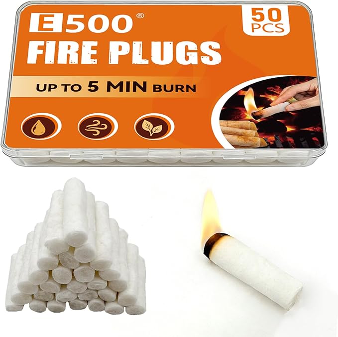E500 Fire Plugs, 50 Pack Fire Starters with 5+ Minute Burn Time, Easy Ignition Fire Starter for Camping, Fire Pits, BBQ & Emergencies