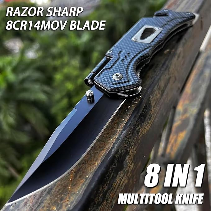 MADSABRE Multitool Pocket Knife with Clip and Case, 8-in-1 Folding Knives with Glass Breaker, Bottle Opener, Wrench, EDC Multitool Knife for Camping, Survival, Gifts for Men