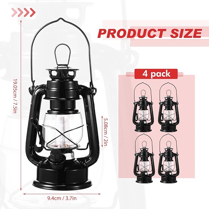 Hortsun 4 Pcs 8 Inch Vintage LED Hurricane Lantern Metal Black Outdoor Battery Operated Hanging Lantern with Warm LEDs and Dimmer Switch for Indoor Rustic Farmhouse Country Camping Decor