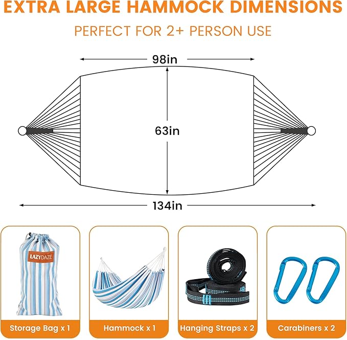 Lazy Daze Hammocks Double Brazilian Cotton Hammock, Extra Large Portable Outdoor Camping Hammock with Tree Straps & Travel Bag for Backyard Patio Poolside Indoor, 550lbs Capacity, Blue & Light Gray